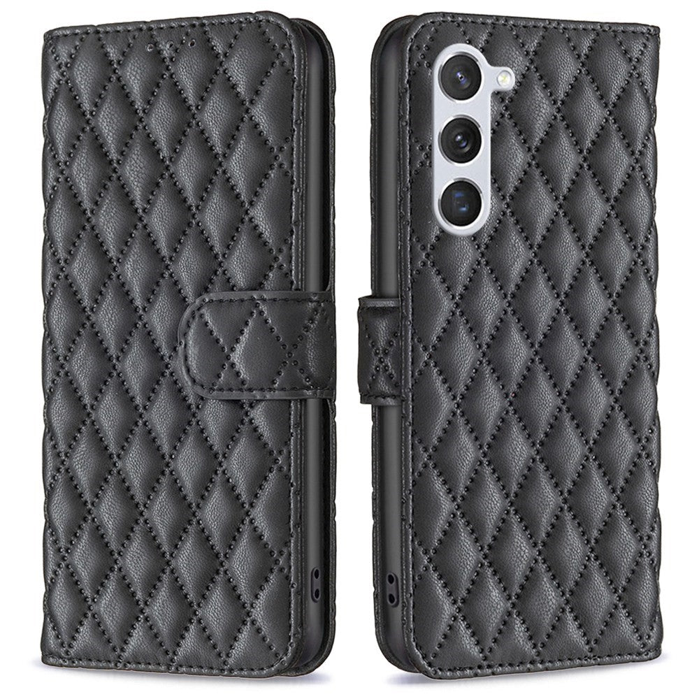 BINFEN COLOR BF Style-14 for Samsung Galaxy S23 Imprinted Rhombus Pattern PU Leather Phone Case Magnetic Closure Flip Stand Wallet Cover