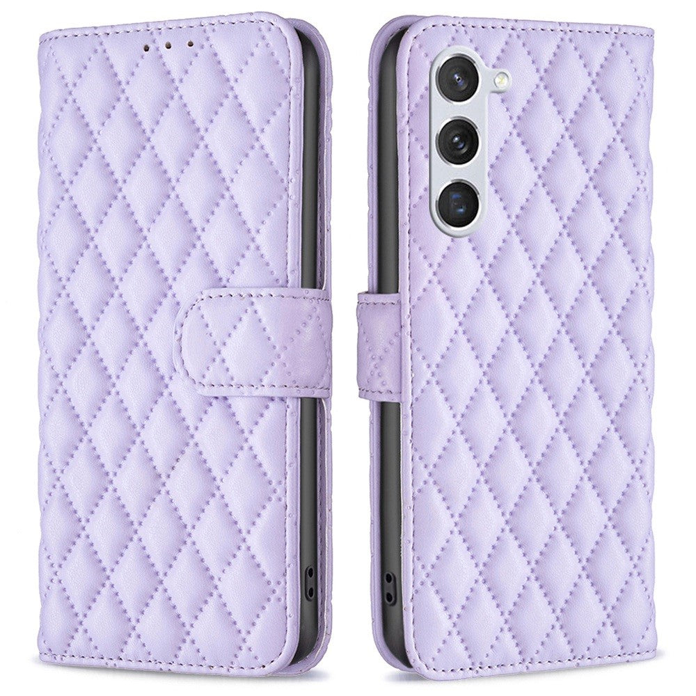 BINFEN COLOR BF Style-14 for Samsung Galaxy S23 Imprinted Rhombus Pattern PU Leather Phone Case Magnetic Closure Flip Stand Wallet Cover