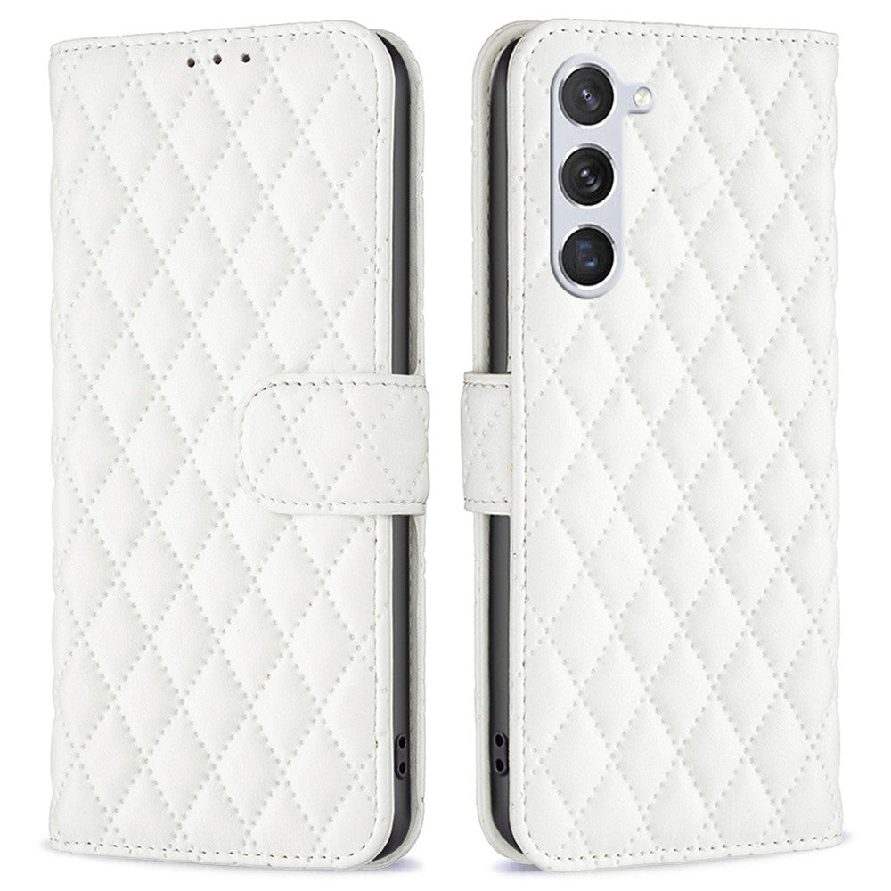 BINFEN COLOR BF Style-14 for Samsung Galaxy S23 Imprinted Rhombus Pattern PU Leather Phone Case Magnetic Closure Flip Stand Wallet Cover