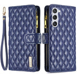 BINFEN COLOR BF Style-15 pungeetui med lynlås til Samsung Galaxy S23, PU-læder med trykt diamantmønster, magnetisk mobilcover med rem