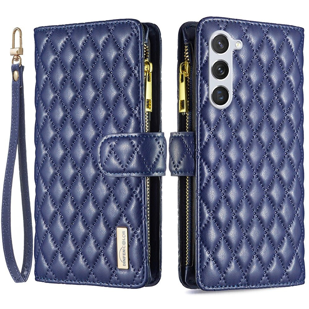 BINFEN COLOR BF Style-15 pungeetui med lynlås til Samsung Galaxy S23, PU-læder med trykt diamantmønster, magnetisk mobilcover med rem
