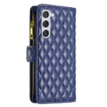BINFEN COLOR BF Style-15 pungeetui med lynlås til Samsung Galaxy S23, PU-læder med trykt diamantmønster, magnetisk mobilcover med rem