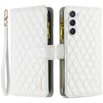 BINFEN COLOR BF Style-15 pungeetui med lynlås til Samsung Galaxy S23, PU-læder med trykt diamantmønster, magnetisk mobilcover med rem