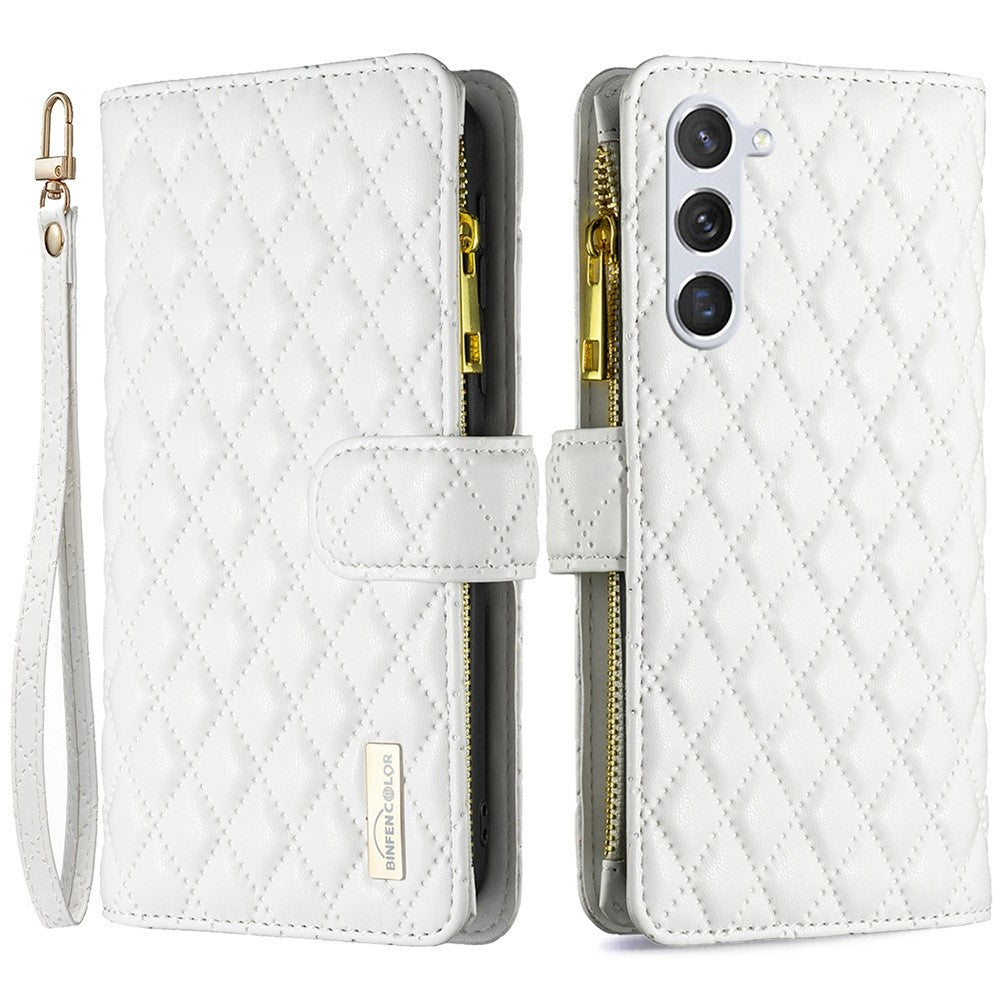 BINFEN COLOR BF Style-15 pungeetui med lynlås til Samsung Galaxy S23, PU-læder med trykt diamantmønster, magnetisk mobilcover med rem
