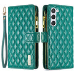 BINFEN COLOR BF Style-15 pungeetui med lynlås til Samsung Galaxy S23, PU-læder med trykt diamantmønster, magnetisk mobilcover med rem