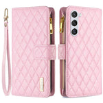 BINFEN COLOR BF Style-15 pungeetui med lynlås til Samsung Galaxy S23, PU-læder med trykt diamantmønster, magnetisk mobilcover med rem