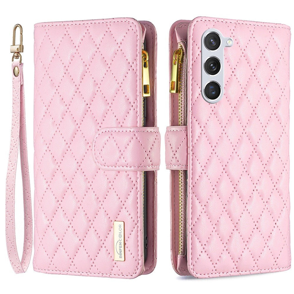 BINFEN COLOR BF Style-15 pungeetui med lynlås til Samsung Galaxy S23, PU-læder med trykt diamantmønster, magnetisk mobilcover med rem