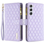 BINFEN COLOR BF Style-15 pungeetui med lynlås til Samsung Galaxy S23, PU-læder med trykt diamantmønster, magnetisk mobilcover med rem