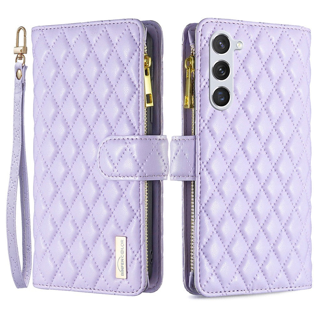 BINFEN COLOR BF Style-15 pungeetui med lynlås til Samsung Galaxy S23, PU-læder med trykt diamantmønster, magnetisk mobilcover med rem