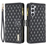 BINFEN COLOR BF Style-15 pungeetui med lynlås til Samsung Galaxy S23, PU-læder med trykt diamantmønster, magnetisk mobilcover med rem