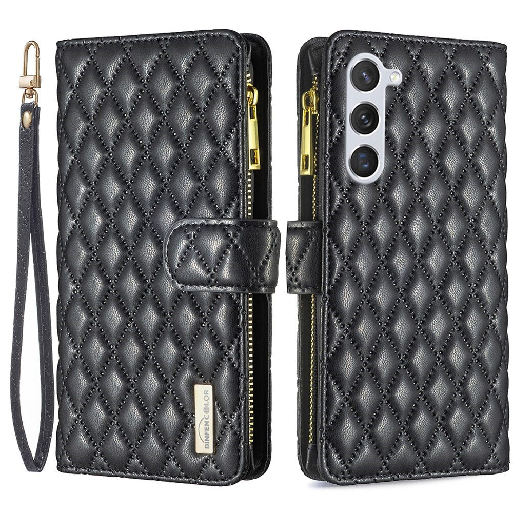 BINFEN COLOR BF Style-15 pungeetui med lynlås til Samsung Galaxy S23, PU-læder med trykt diamantmønster, magnetisk mobilcover med rem