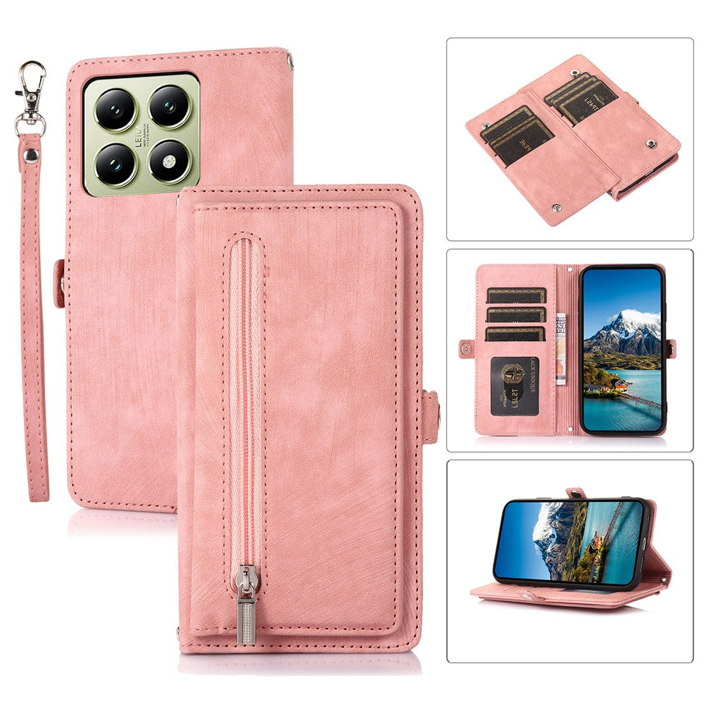 Fodral för Xiaomi 15 med dragkedja, 9 kortplatser, PU-läder och handledsrem.