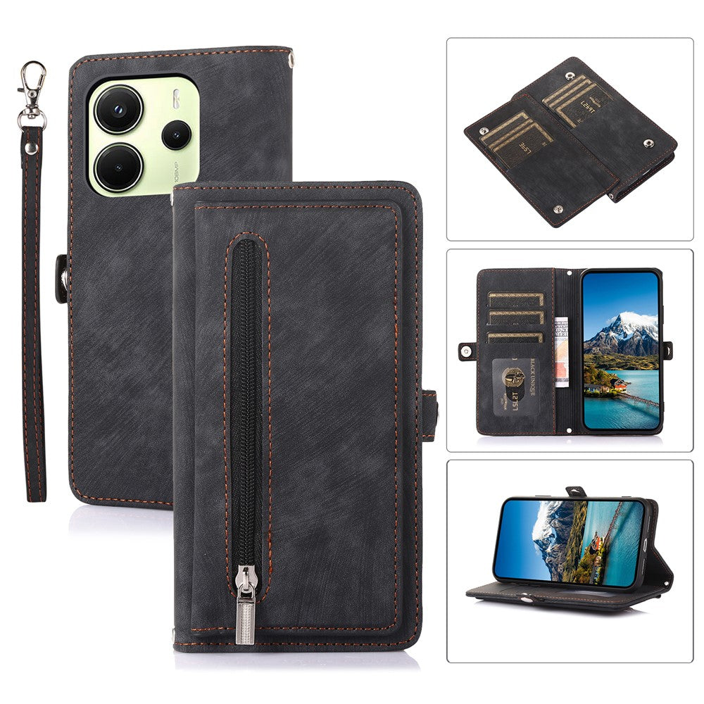 Xiaomi Redmi Note 14 4G (164.84mm)-etui med lynlåslomme, 9 kortlommer, PU-læder, mobilcover og håndledsrem
