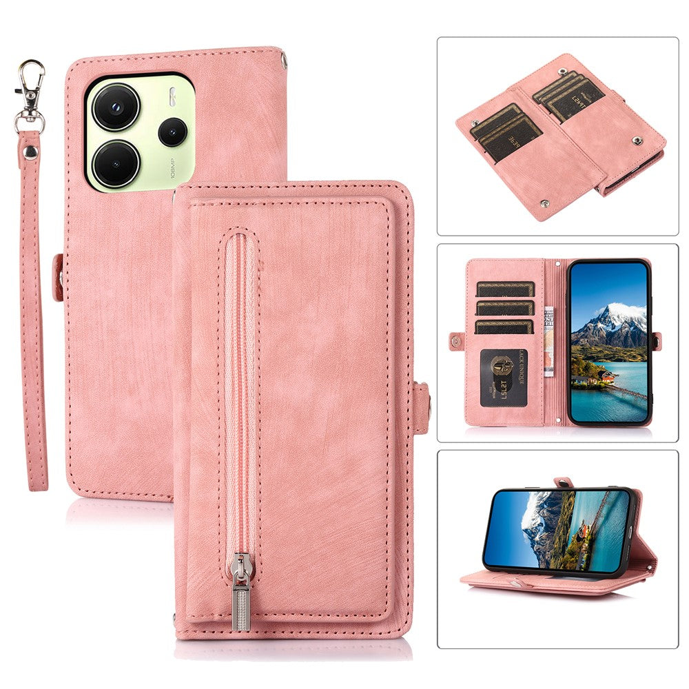 Xiaomi Redmi Note 14 4G (164.84mm)-etui med lynlåslomme, 9 kortlommer, PU-læder, mobilcover og håndledsrem