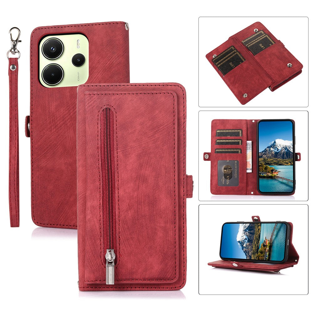 Xiaomi Redmi Note 14 4G (164.84mm)-etui med lynlåslomme, 9 kortlommer, PU-læder, mobilcover og håndledsrem