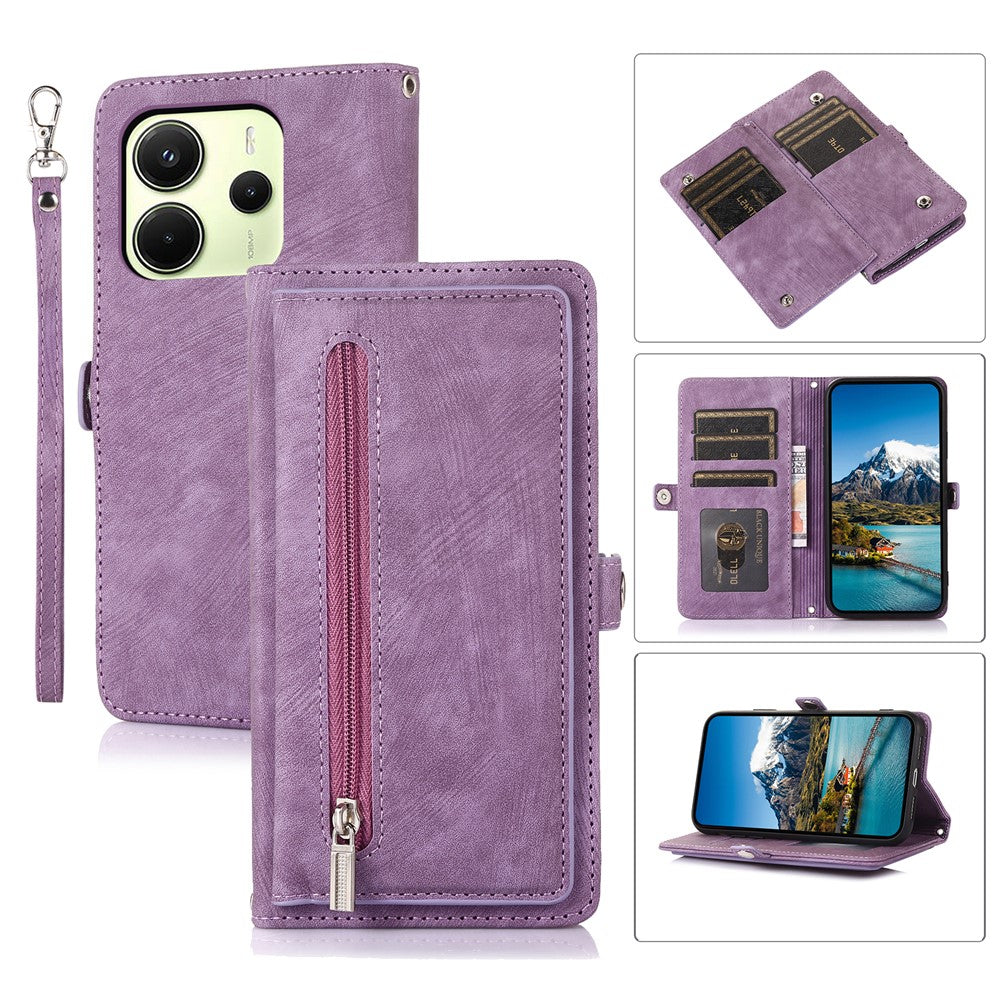 Xiaomi Redmi Note 14 4G (164.84mm)-etui med lynlåslomme, 9 kortlommer, PU-læder, mobilcover og håndledsrem