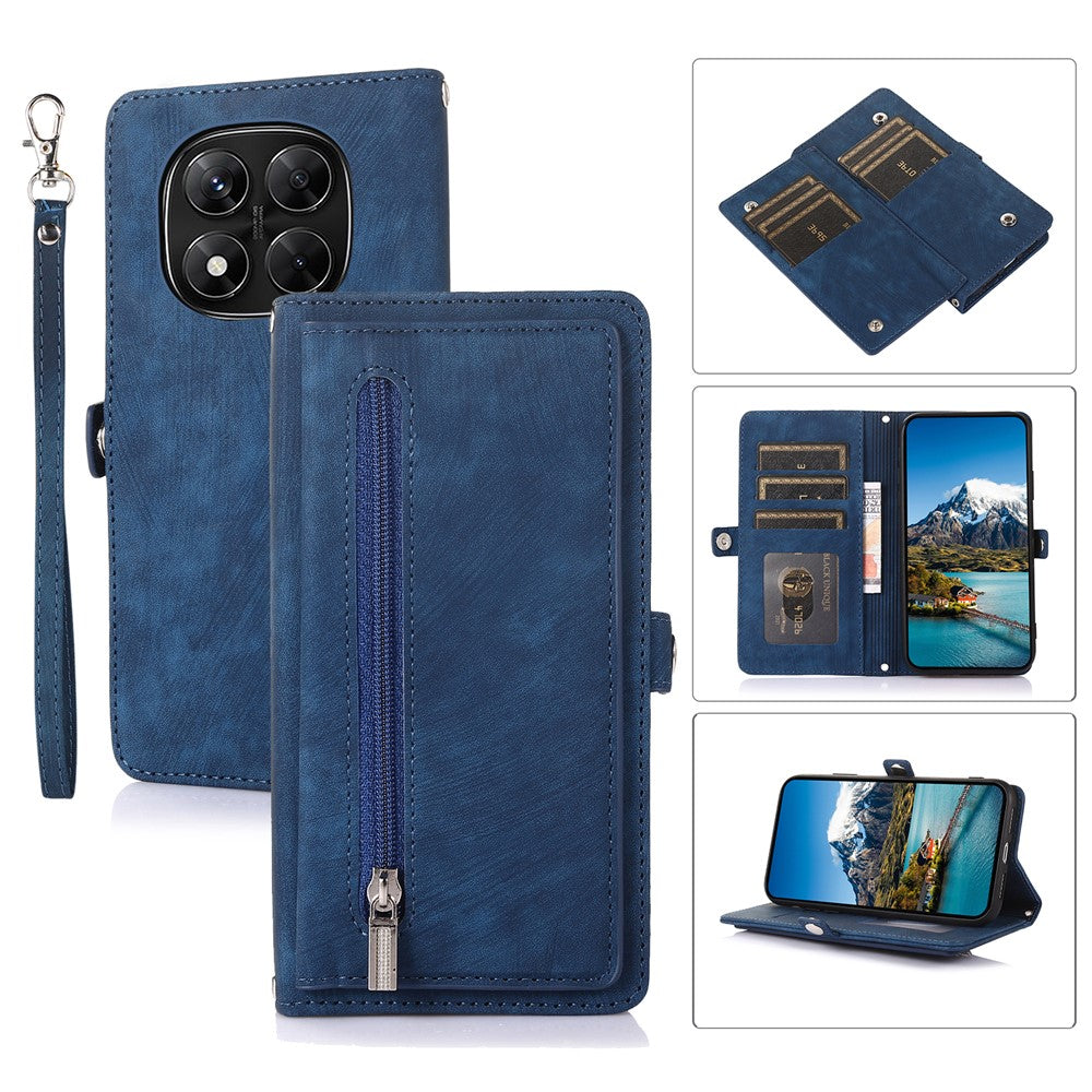 For Xiaomi Redmi Note 14 Pro 4G Case Zipper Pocket 9 Card Slots PU Leather Phone Cover with Wrist Strap