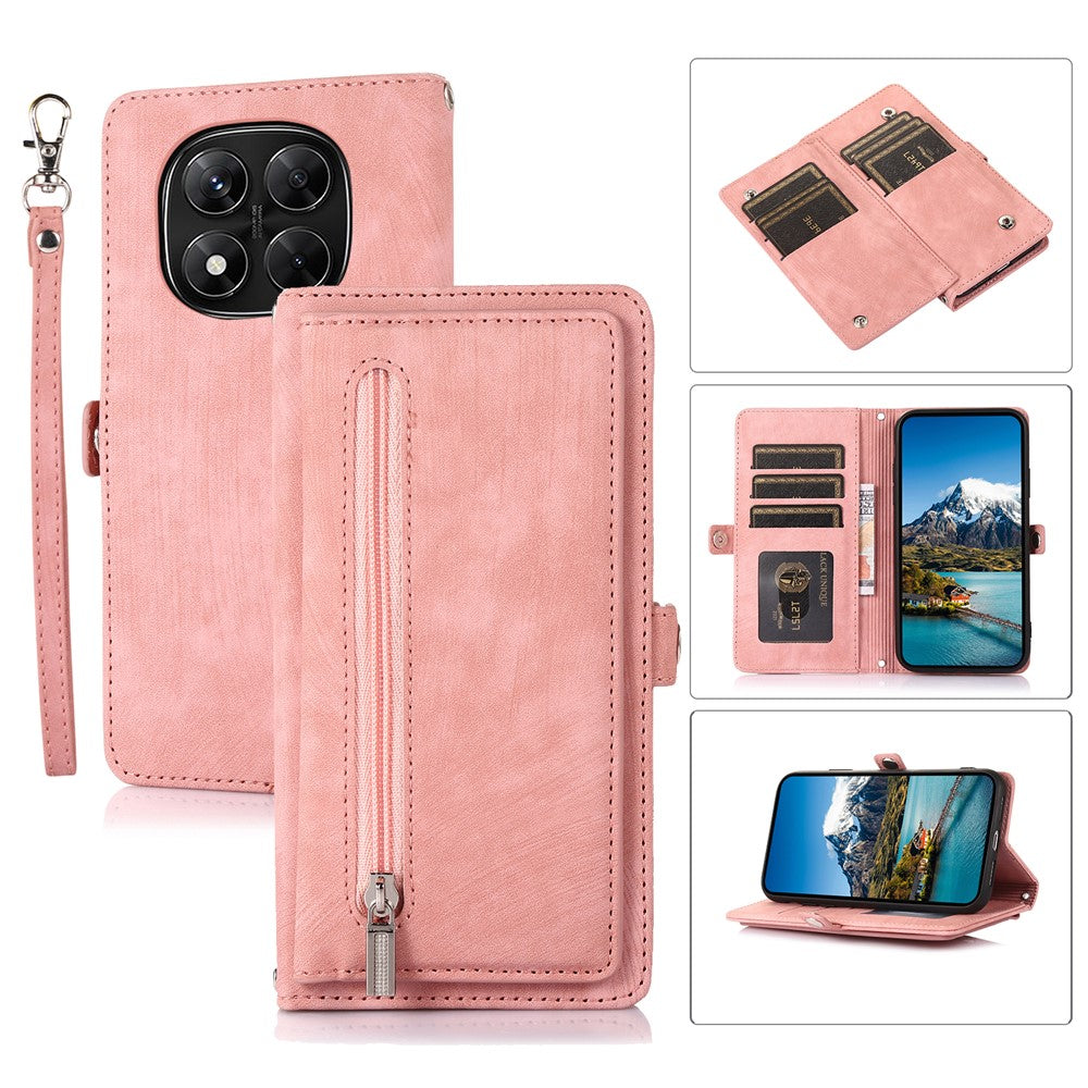 For Xiaomi Redmi Note 14 Pro 4G Case Zipper Pocket 9 Card Slots PU Leather Phone Cover with Wrist Strap