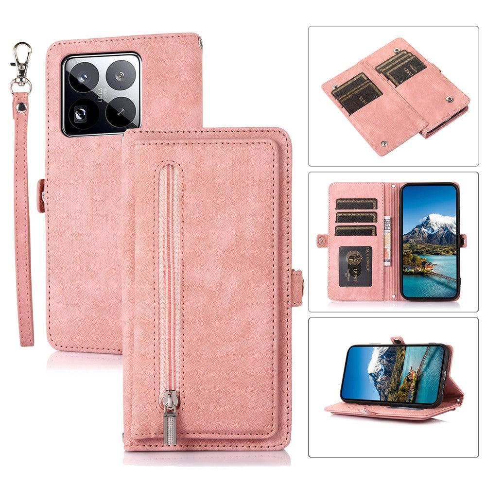 For Xiaomi 15 Pro Case Zipper Pocket 9 Card Slots PU Leather Phone Cover with Wrist Strap