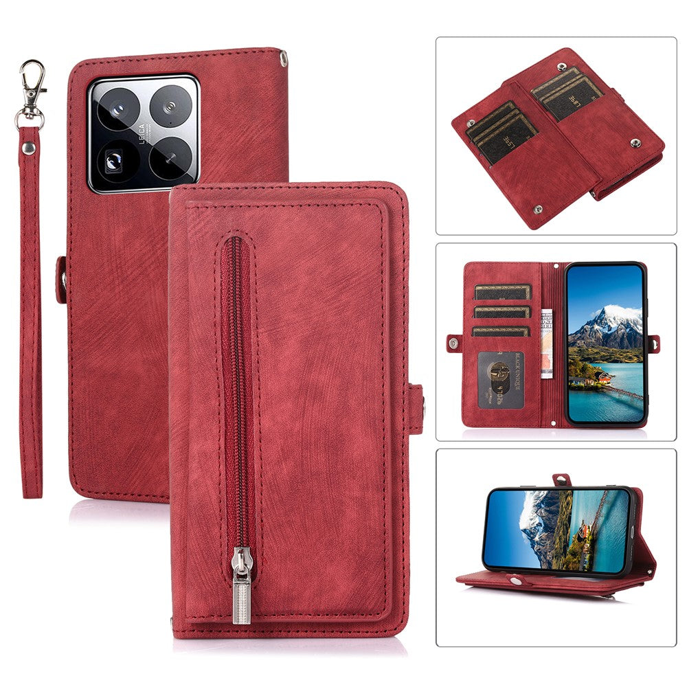 For Xiaomi 15 Pro Case Zipper Pocket 9 Card Slots PU Leather Phone Cover with Wrist Strap