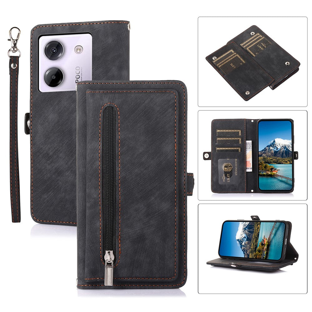 For Xiaomi Poco M7 Pro 5G Case Zipper Pocket 9 Card Slots PU Leather Phone Cover with Wrist Strap