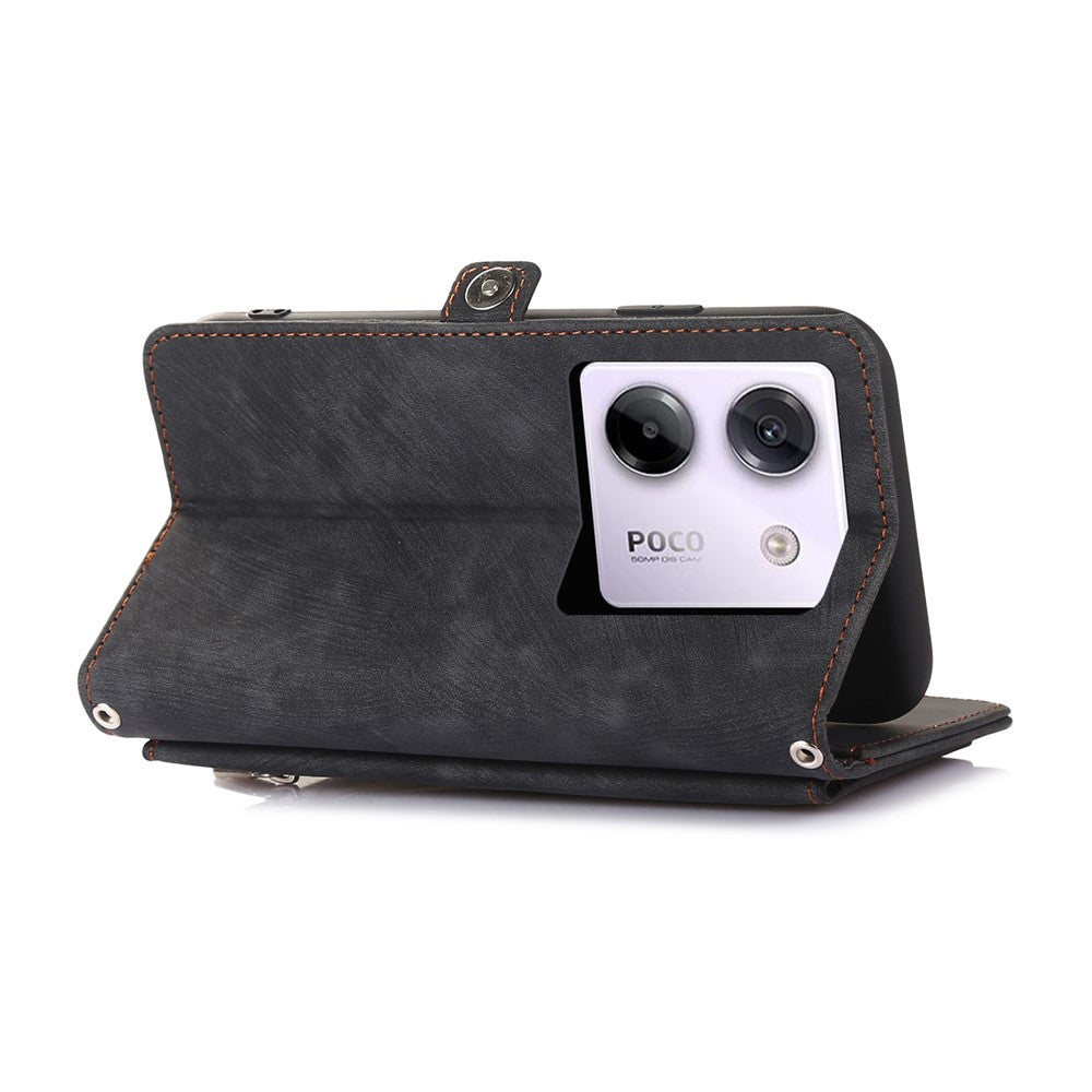 For Xiaomi Poco M7 Pro 5G Case Zipper Pocket 9 Card Slots PU Leather Phone Cover with Wrist Strap
