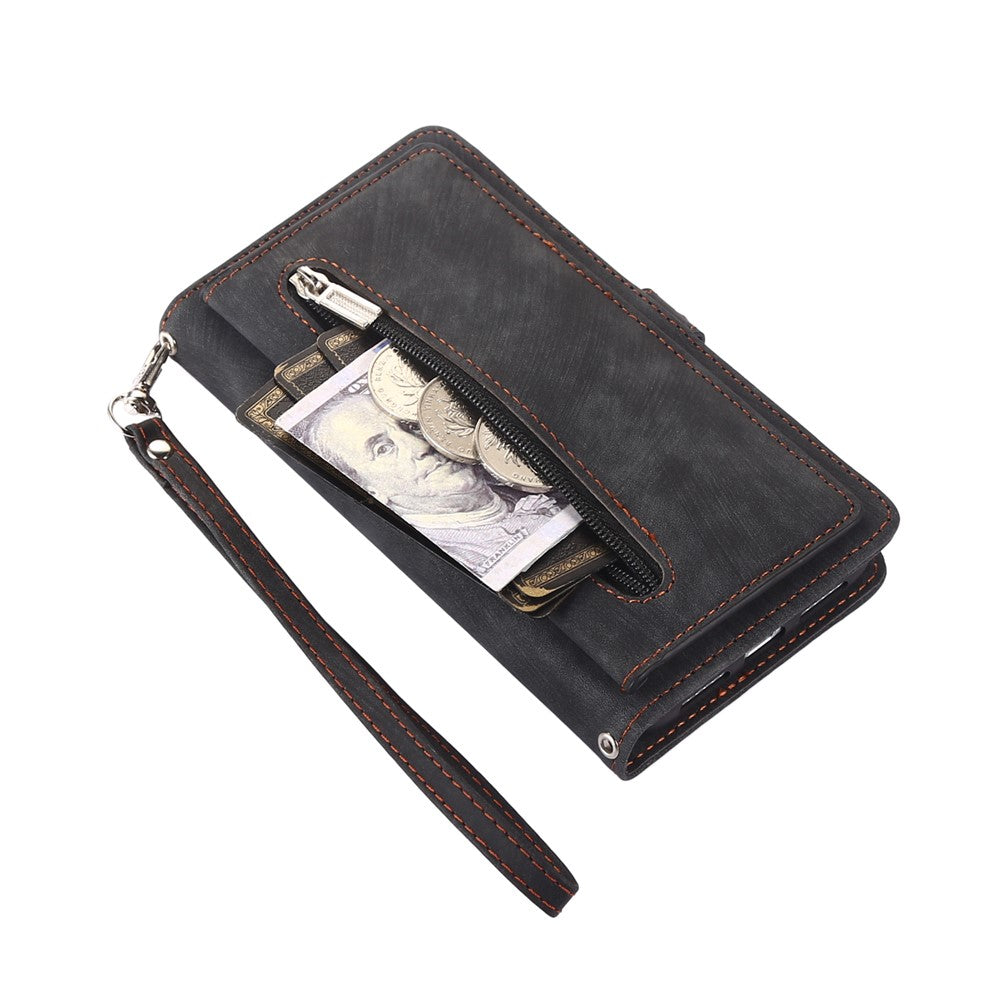 For Xiaomi Poco M7 Pro 5G Case Zipper Pocket 9 Card Slots PU Leather Phone Cover with Wrist Strap