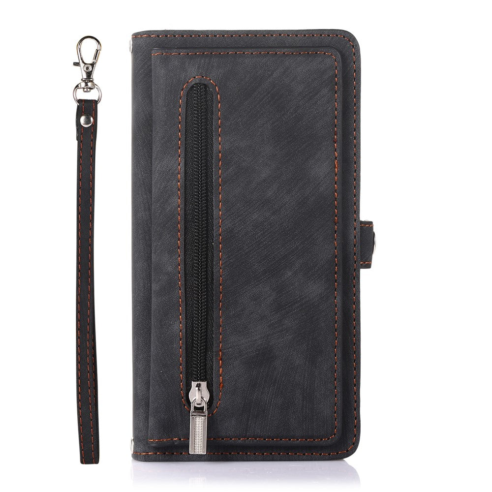 For Xiaomi Poco M7 Pro 5G Case Zipper Pocket 9 Card Slots PU Leather Phone Cover with Wrist Strap
