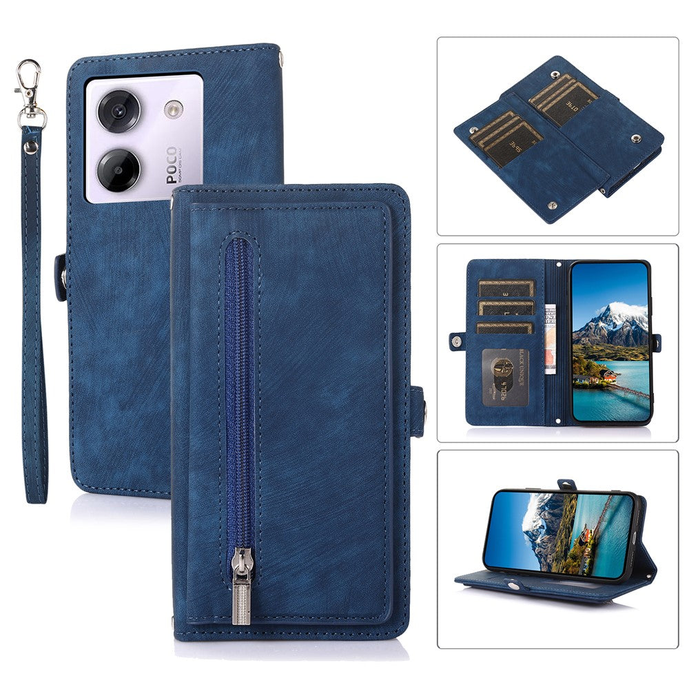 For Xiaomi Poco M7 Pro 5G Case Zipper Pocket 9 Card Slots PU Leather Phone Cover with Wrist Strap