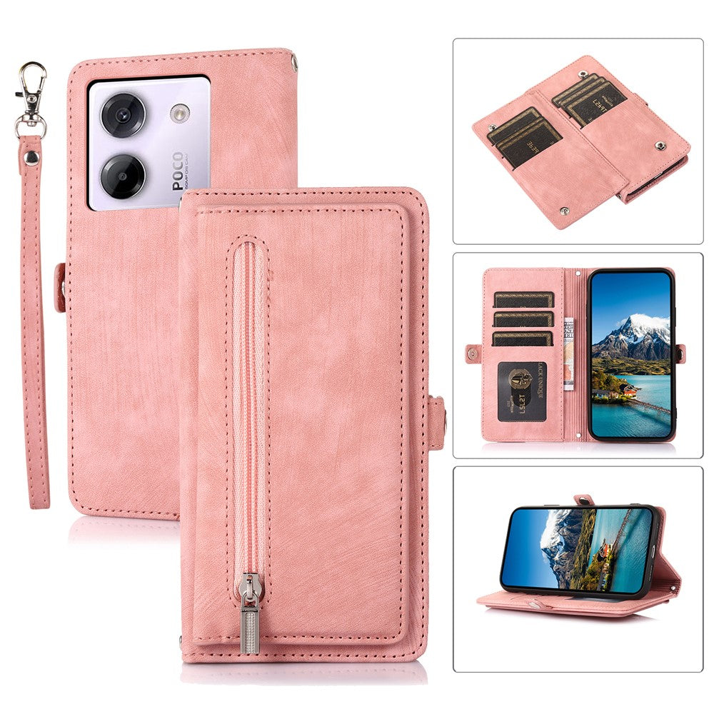 For Xiaomi Poco M7 Pro 5G Case Zipper Pocket 9 Card Slots PU Leather Phone Cover with Wrist Strap