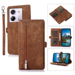 For Xiaomi Poco M7 Pro 5G Case Zipper Pocket 9 Card Slots PU Leather Phone Cover with Wrist Strap