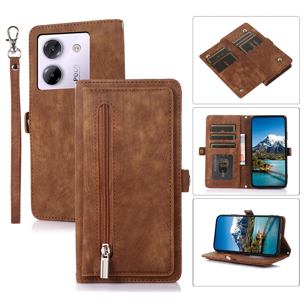 For Xiaomi Poco M7 Pro 5G Case Zipper Pocket 9 Card Slots PU Leather Phone Cover with Wrist Strap