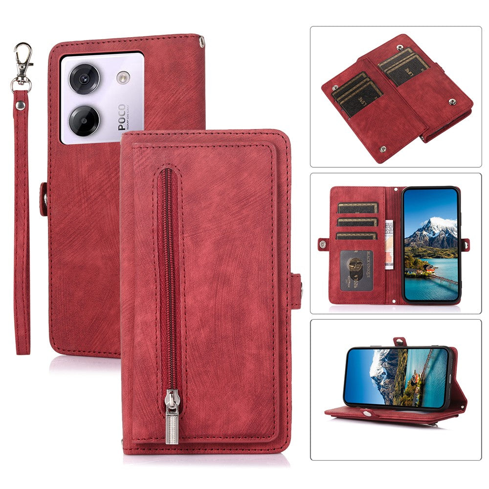 For Xiaomi Poco M7 Pro 5G Case Zipper Pocket 9 Card Slots PU Leather Phone Cover with Wrist Strap