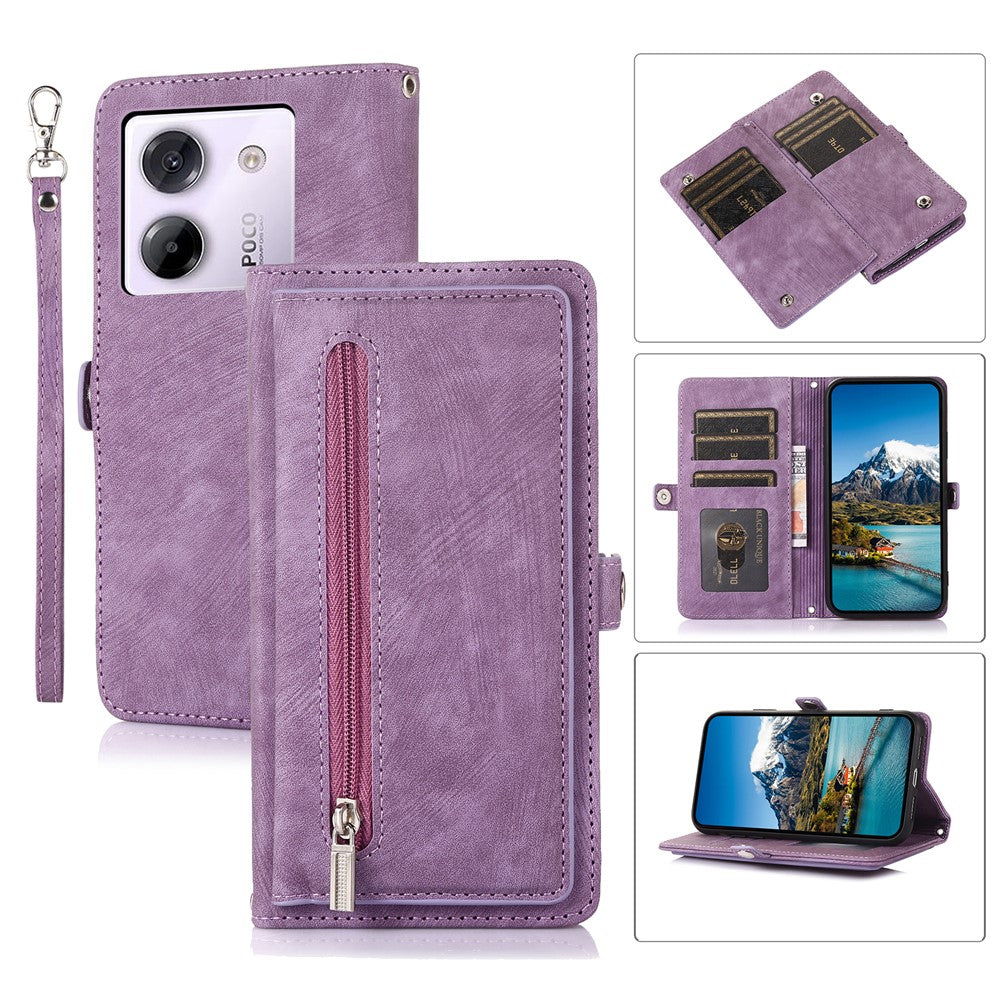 For Xiaomi Poco M7 Pro 5G Case Zipper Pocket 9 Card Slots PU Leather Phone Cover with Wrist Strap