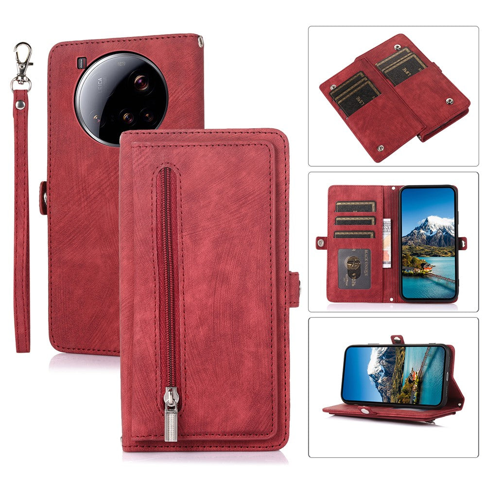 For Xiaomi 15 Ultra Case Zipper Pocket 9 Card Slots PU Leather Phone Cover with Wrist Strap