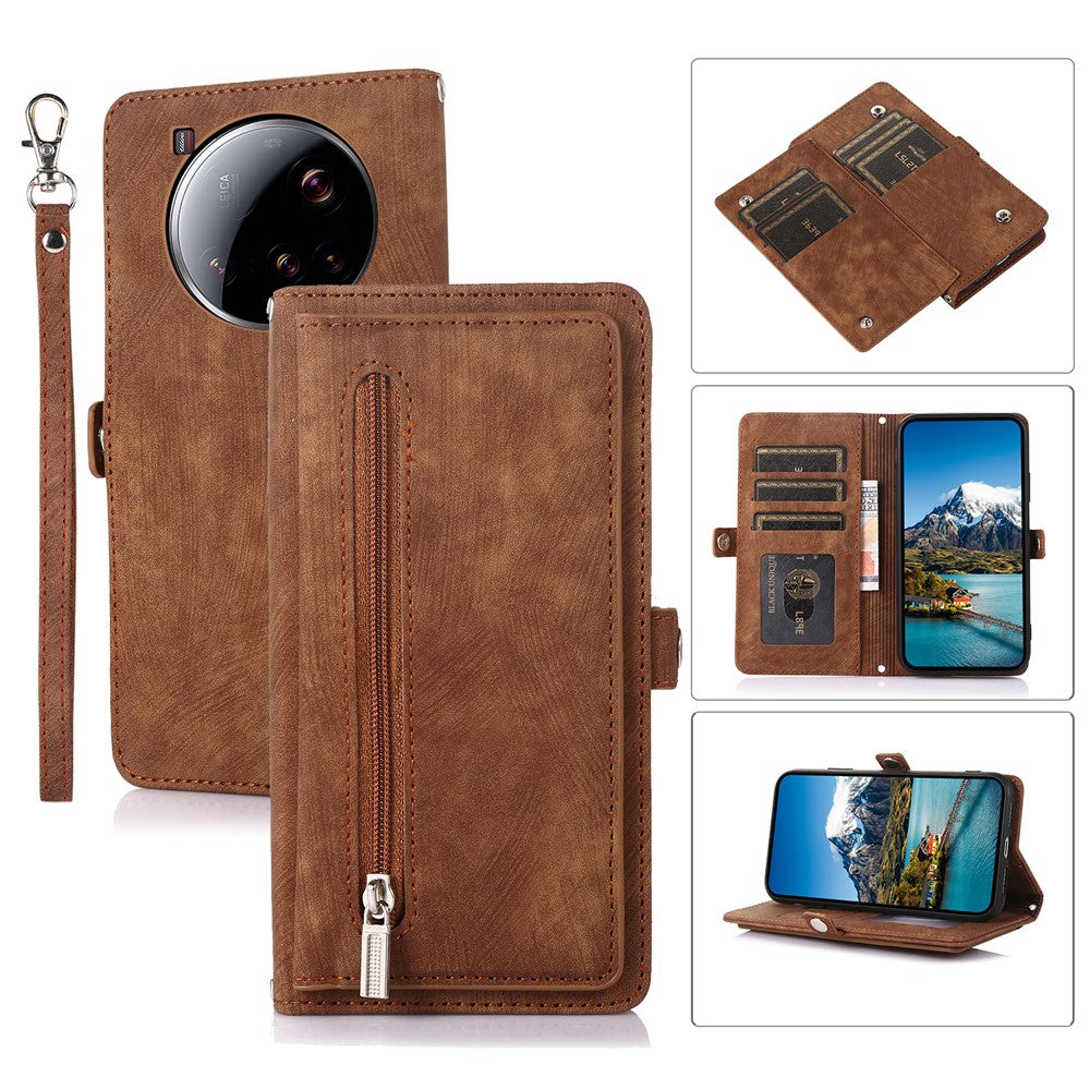 For Xiaomi 15 Ultra Case Zipper Pocket 9 Card Slots PU Leather Phone Cover with Wrist Strap