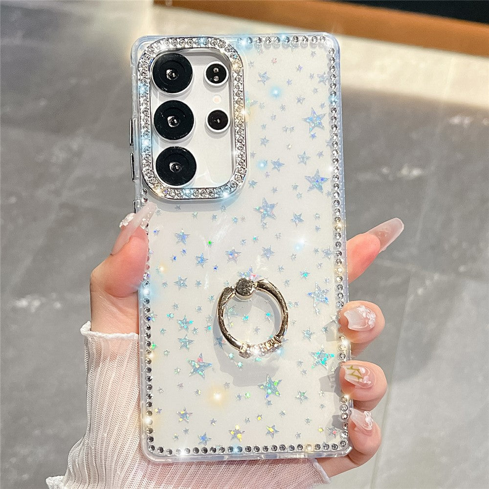 For Samsung Galaxy S25 Ultra Case with Ring Kickstand Rhinestone Edge TPU + PC IMD Phone Cover