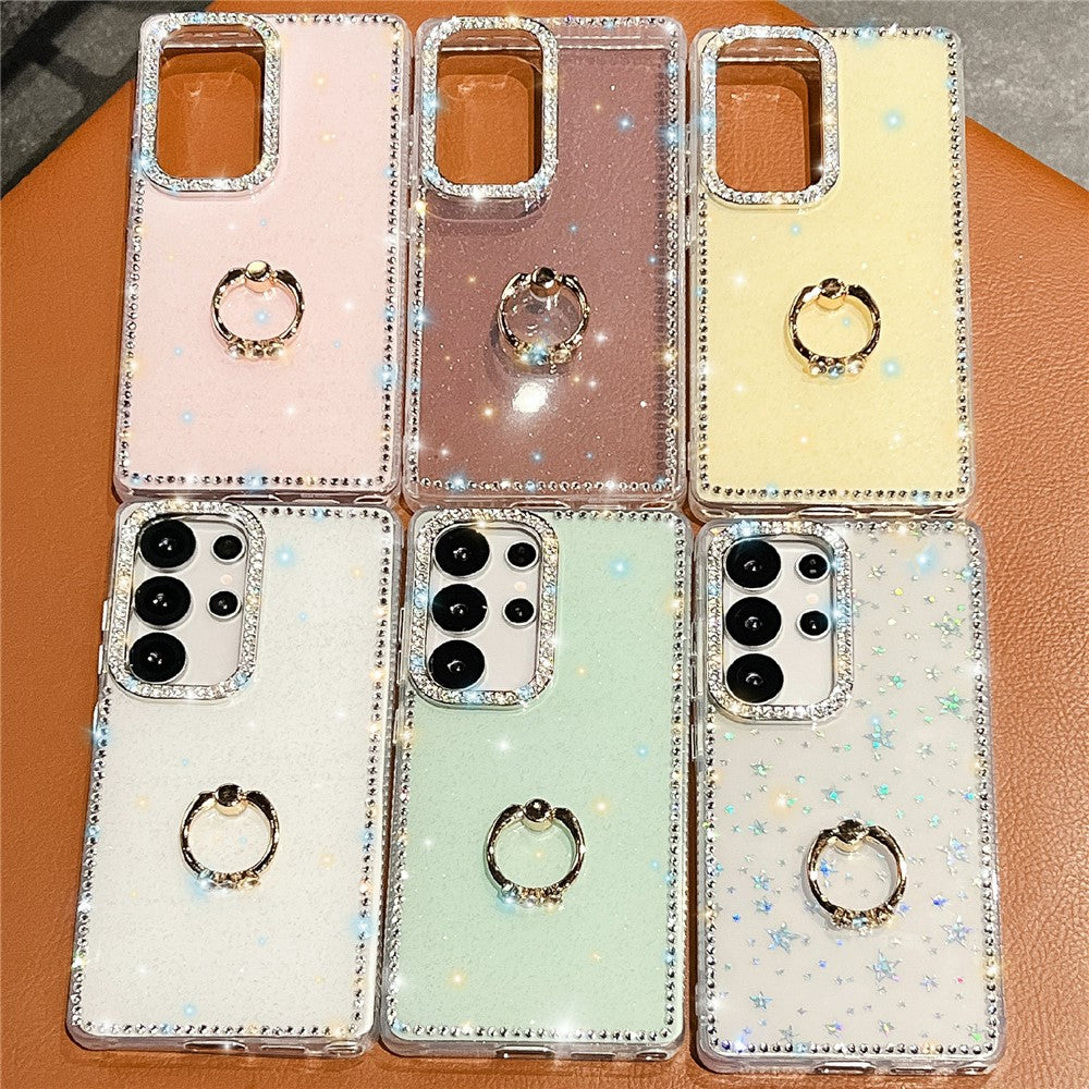 For Samsung Galaxy S25 Ultra Case with Ring Kickstand Rhinestone Edge TPU + PC IMD Phone Cover