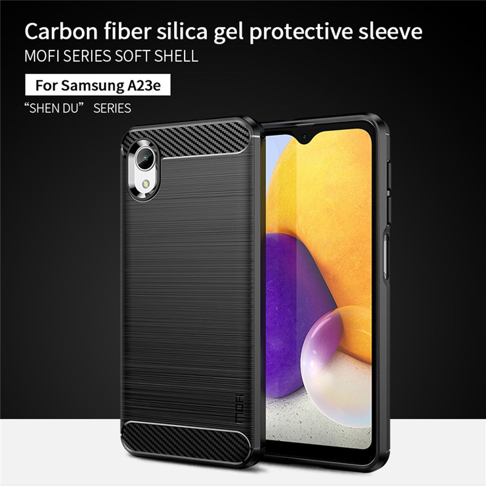 MOFI JK TPU Series-1 för Samsung Galaxy A23e / A22e Kolfibertextur Anti-fingeravtrycksmobilskal Mjukt TPU Borstad Yta Skyddande Skal