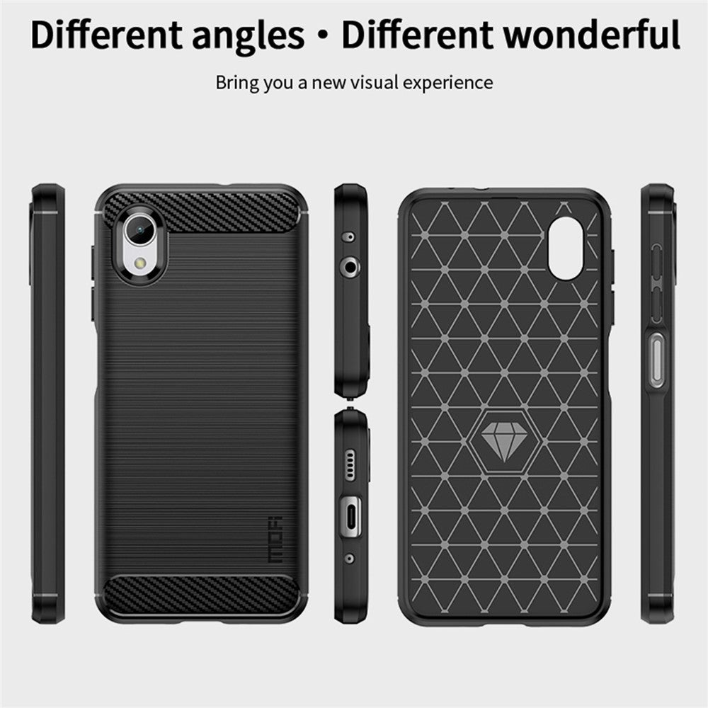 MOFI JK TPU Series-1 för Samsung Galaxy A23e / A22e Kolfibertextur Anti-fingeravtrycksmobilskal Mjukt TPU Borstad Yta Skyddande Skal