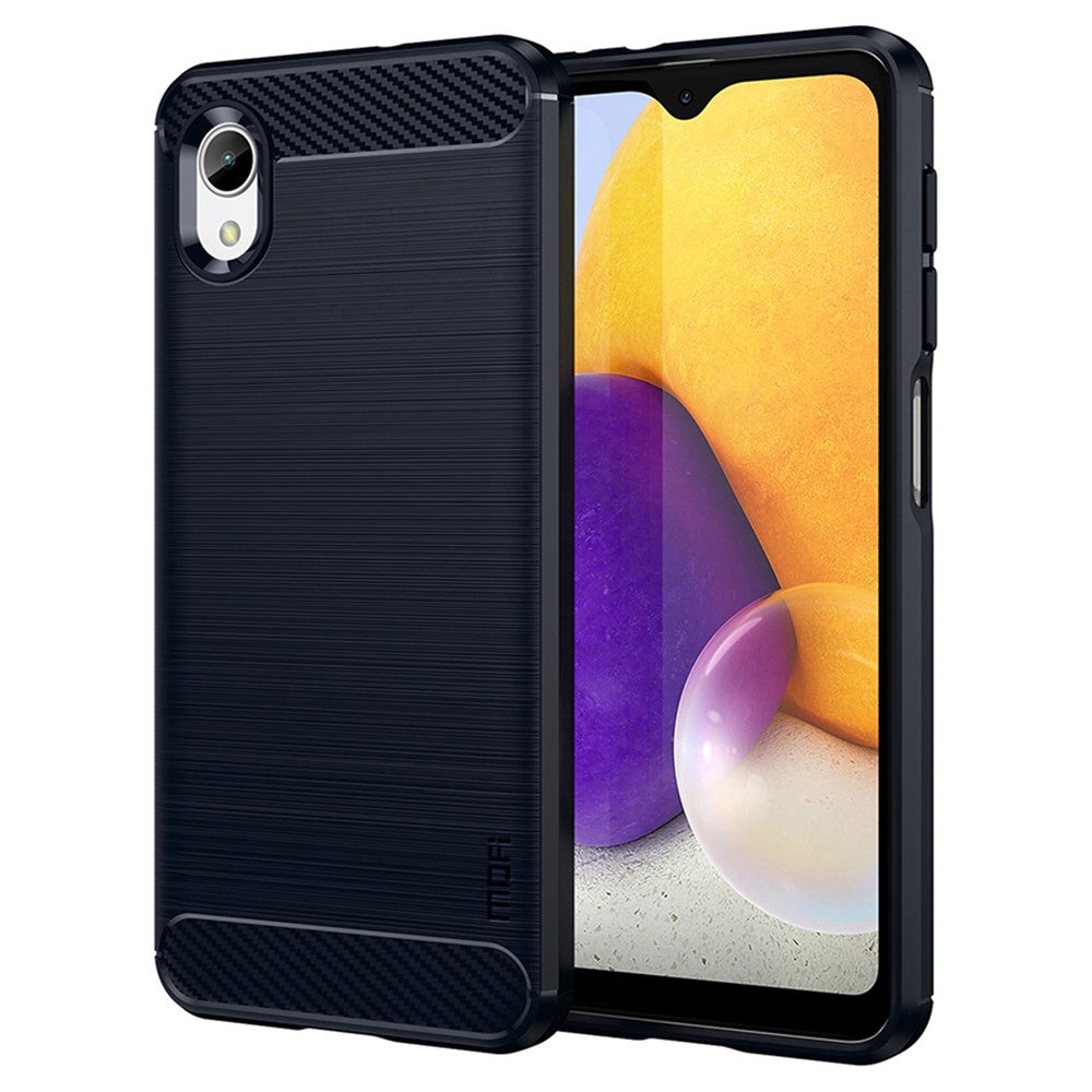 MOFI JK TPU Series-1 för Samsung Galaxy A23e / A22e Kolfibertextur Anti-fingeravtrycksmobilskal Mjukt TPU Borstad Yta Skyddande Skal