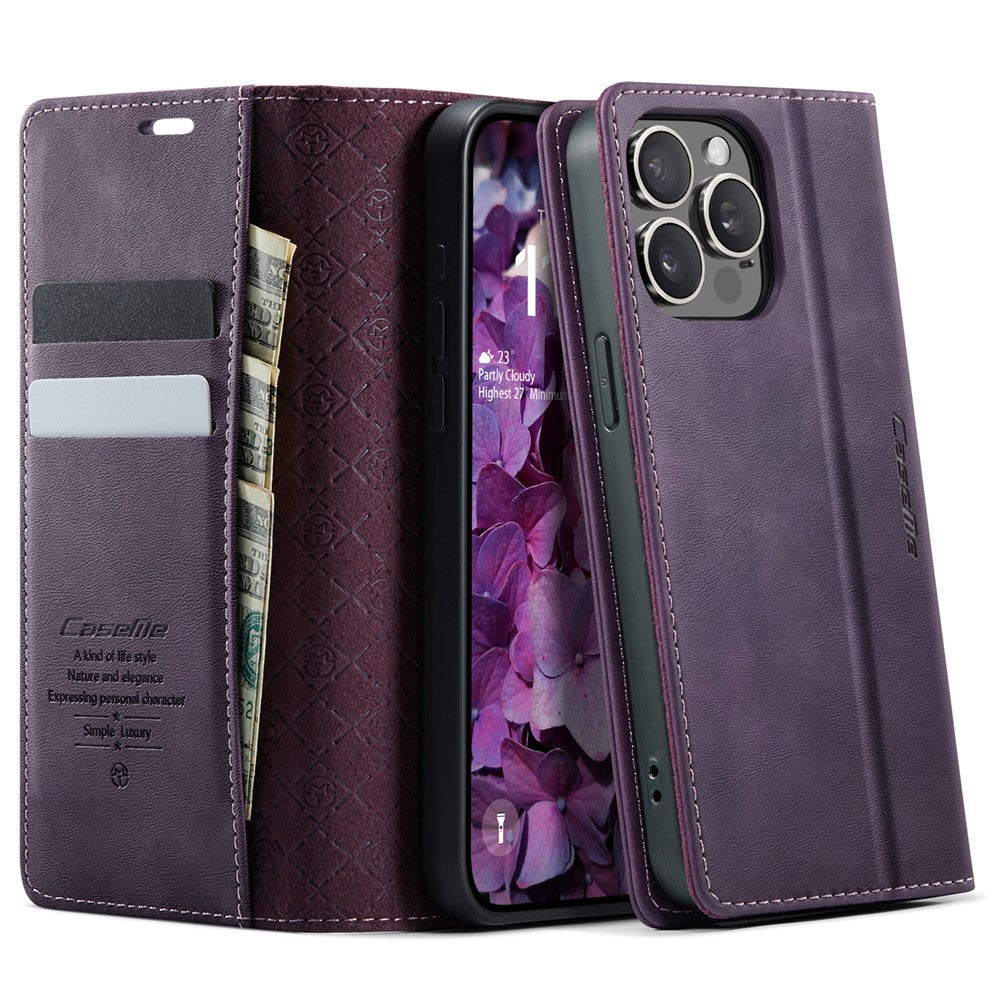 CASEME For iPhone 15 Pro Max Case  033 Series RFID Blocking Wallet Stand Calf Texture Leather Phone Cover