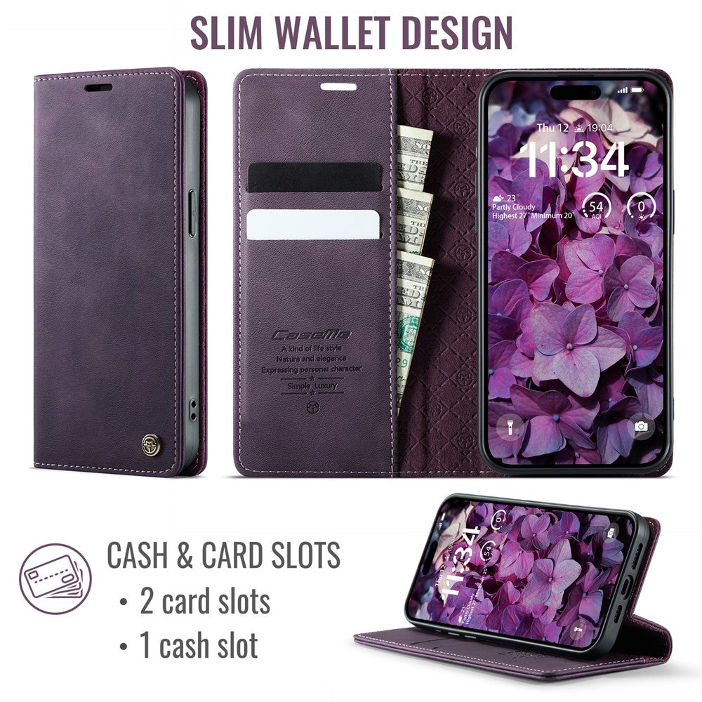 CASEME For iPhone 15 Pro Max Case  033 Series RFID Blocking Wallet Stand Calf Texture Leather Phone Cover