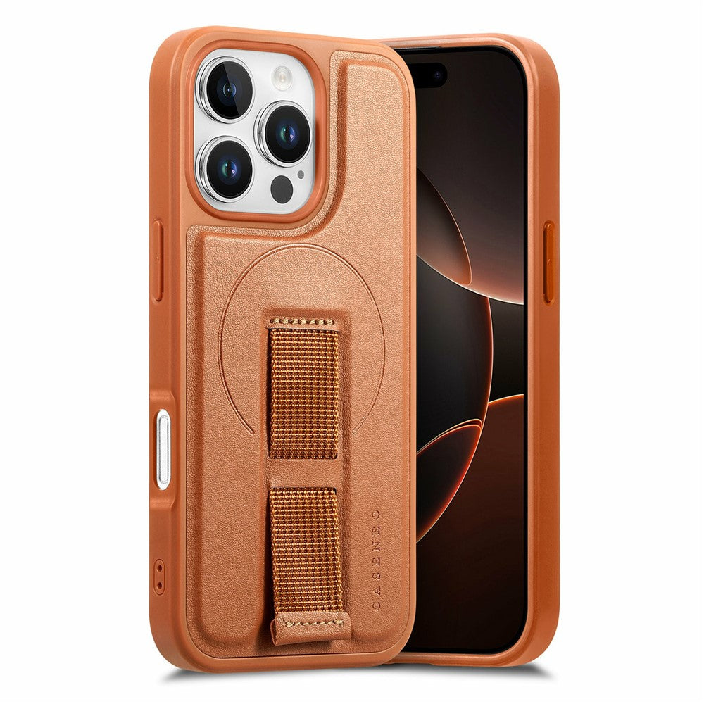 CASENEO For iPhone 16 Pro Max Magnetic Case Hand Strap Design PU Leather + PC Phone Cover