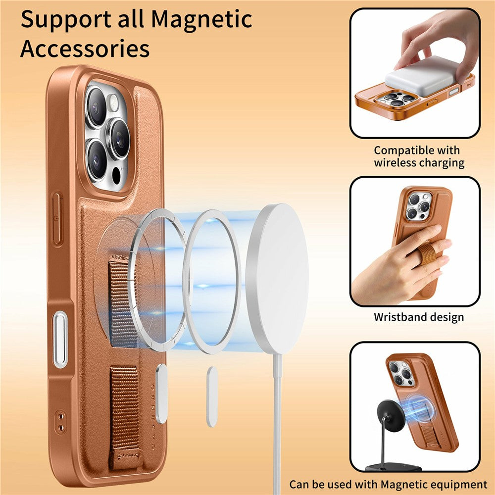 CASENEO For iPhone 16 Pro Max Magnetic Case Hand Strap Design PU Leather + PC Phone Cover
