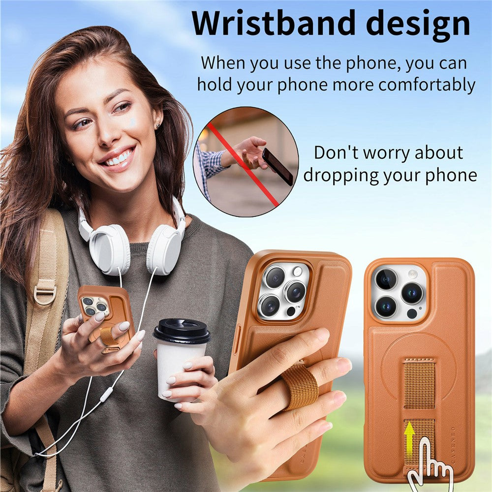 CASENEO For iPhone 16 Pro Max Magnetic Case Hand Strap Design PU Leather + PC Phone Cover