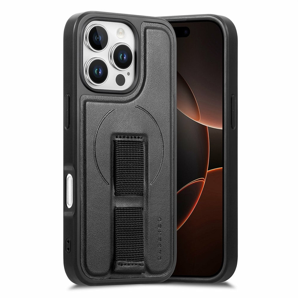 CASENEO For iPhone 16 Pro Max Magnetic Case Hand Strap Design PU Leather + PC Phone Cover