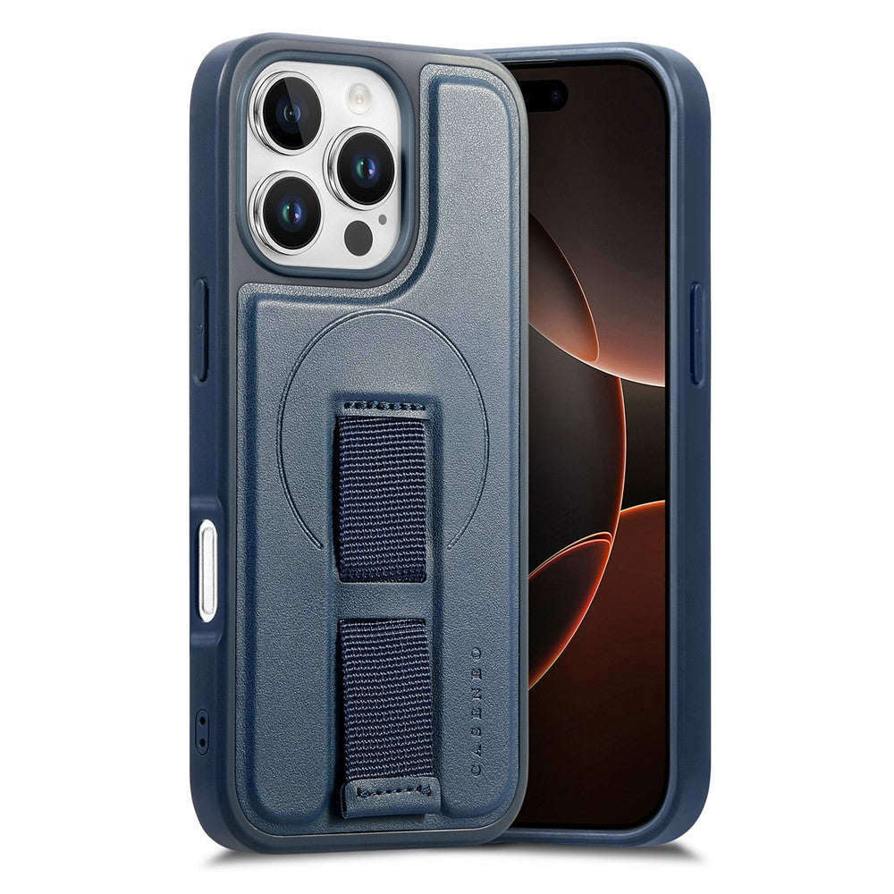 CASENEO For iPhone 16 Pro Max Magnetic Case Hand Strap Design PU Leather + PC Phone Cover