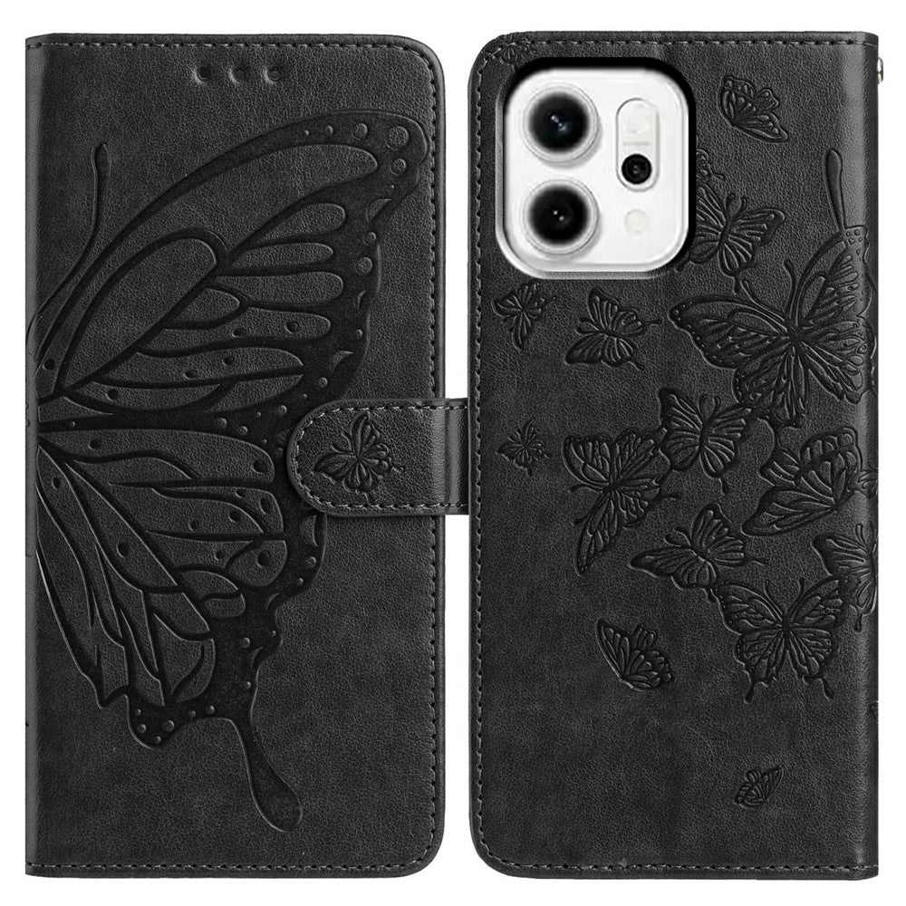 For Oppo Reno14 Pro 5G (Global) Case Butterfly Imprinted Wallet Stand PU Leather Flip Phone Cover with Strap