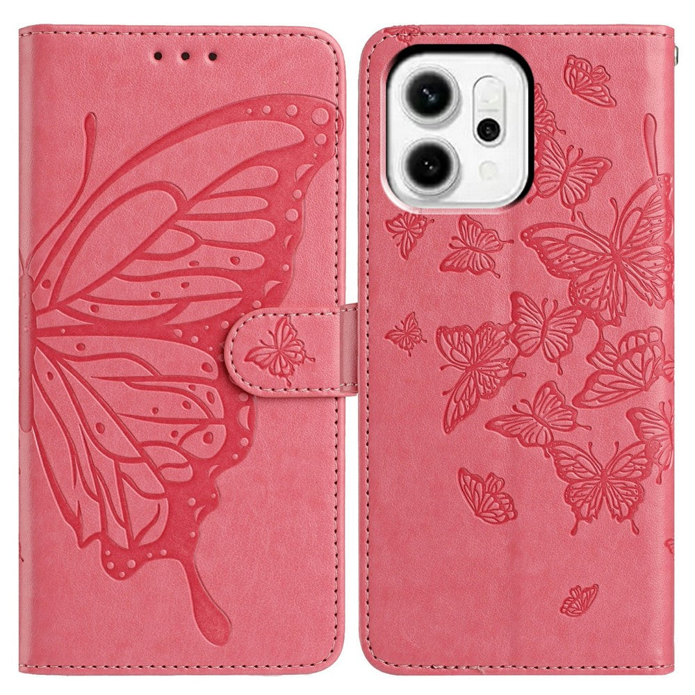 For Oppo Reno14 Pro 5G (Global) Case Butterfly Imprinted Wallet Stand PU Leather Flip Phone Cover with Strap